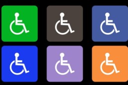 Disability logos in red, orange, yellow, green, blue, lavender, brown and pink