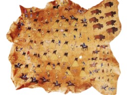 Light brown elk hide painting depicting images of the violent Sand Creek Massacre.