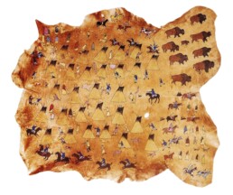 Light brown elk hide painting depicting images of the violent Sand Creek Massacre.